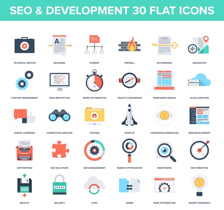 Abstract vector set of colorful flat SEO and development icons. Creative concepts and design elements for mobile and web applications.のイラスト素材