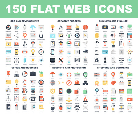 Vector set of 150 flat web icons on following themes - SEO and development, creative process, business and finance, office and business, security and protection, shopping and commerce.