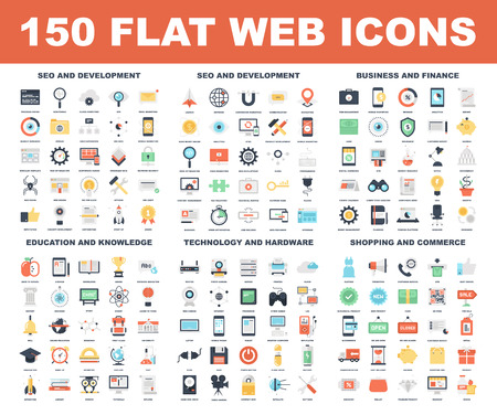 Vector set of 150 flat web icons on following themes - SEO and development, business and finance, education and knowledge, technology and hardware, shopping and commerce.のイラスト素材