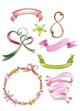Watercolor painted collection of decorative ribbons. Hand drawn holiday design elements isolated on white background.のイラスト素材