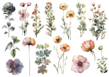 Vector watercolor painted flower. Hand drawn flower design elements isolated on white background.のイラスト素材