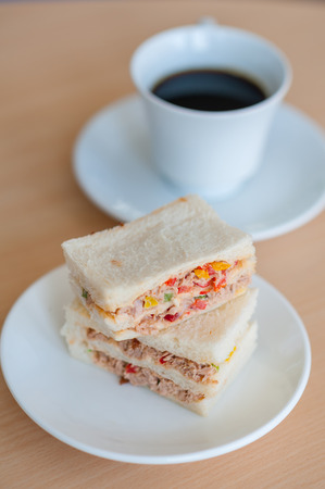 hot coffee with sandwich tunaの写真素材
