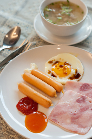 English breakfast - fried egg bacon and toast. Top view and select focusの写真素材