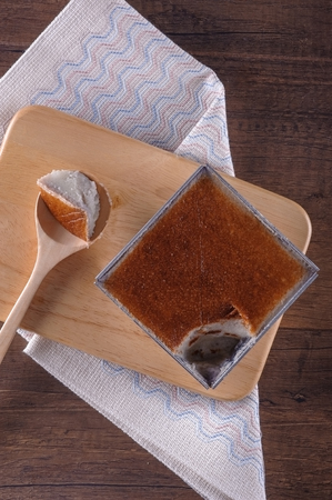 Mung Bean Thai Custard Dessert Recipe (Khanom Maw Kaeng) on wooden background