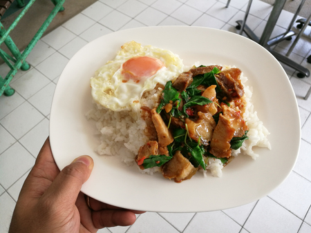 Basil fried rice with crispy pork and Egg in white plateの写真素材