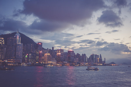 Hong Kong - August 17, 2018 : Evening streets of Hong Kong famous harberのeditorial素材
