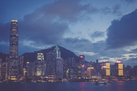 Hong Kong - August 17, 2018 : Evening streets of Hong Kong famous harberのeditorial素材