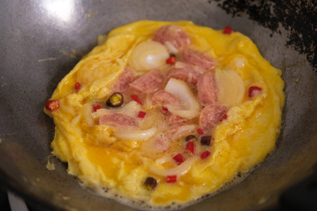 Fermented Pork Omelet in the hot pan, thai foodの写真素材