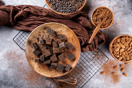 DARK CHOCOLATE:
Dark chocolate is made from cocoa solids and cocoa butter and is bitter to taste without any sweetener.の写真素材
