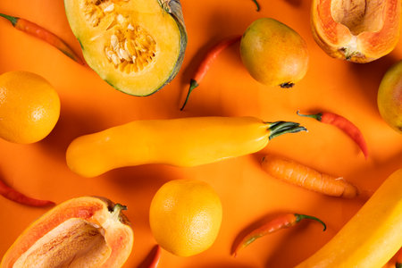ORANGE MONOCHROME:
A flat lay image which shows orange, nutritious fresh vegetables and fruits with the same colour backdropの写真素材