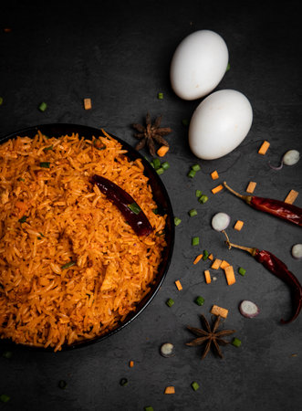 Indian cuisine. Spicy fried rice with vegetables and spices on black backgroundの写真素材