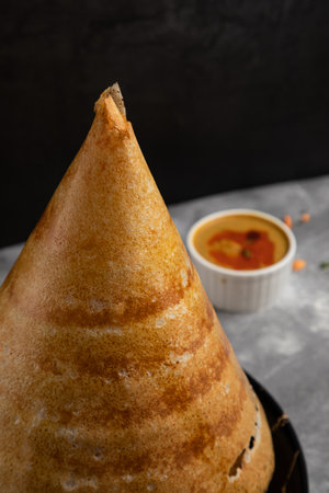 Thai crispy pancake with sweet sour cream on dark background.