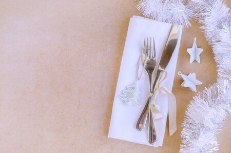 Beautiful decoration for Christmas or New Year celebration. Festive dinner table settings, white...
