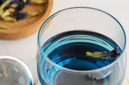 Butterfly pea flower tea is caffeine free herbal tea and retains  many of the medicinal properties of the Clitoria ternatea plant. This exotic blue pea tea also named Cordofan pea or Asian pigeonの写真素材