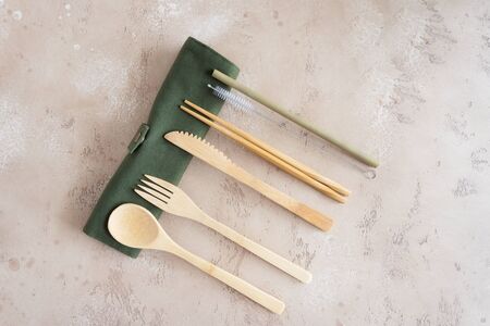 Reusable cutlery Set, knife fork spoon, chopsticks and bamboo straw with Storage Bag. Zero Waste and eco friendly travel utensilsの写真素材