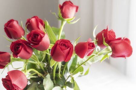 Close up of red rose bouquet. Flower detail  background.の写真素材
