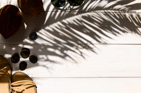 Shadow of tropical palm leaf with coconuts and sandals on white wooden background with copy space....