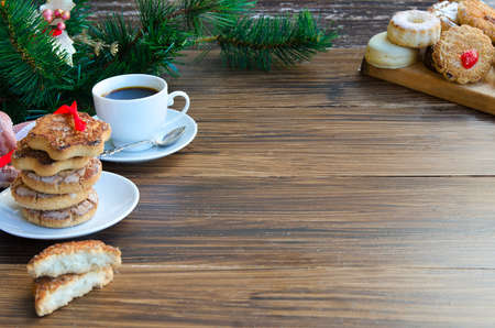Mantecados, typical sweets consumed in Spain at Christmas. Spanish shortbread served with black...