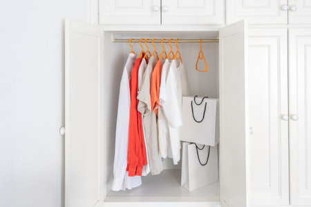 Collection of clothes hanging on rack in white wardrobe in dressing room and two paper shopping bags. Fashion shopping concept background.の写真素材