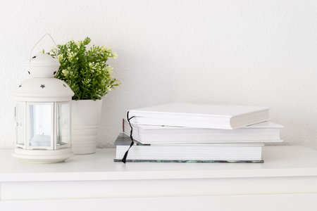 Green pant pot, white lantern and book on shelf or desk at interior white wall.の写真素材