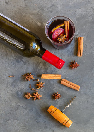 Mulled wine for cold days. Perfect winter beverage background with copy spaceの写真素材