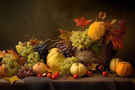 Thanksgiving day still life , pumpkins, grapes and other autumn fruit, falling leaves and flowers, on wooden table. Generative AIの素材