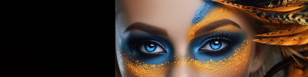Beautiful girl model with orange blue tote bright make up at dark background. Art paints on woman face. Cosmetics, beauty and makeup banner.の素材
