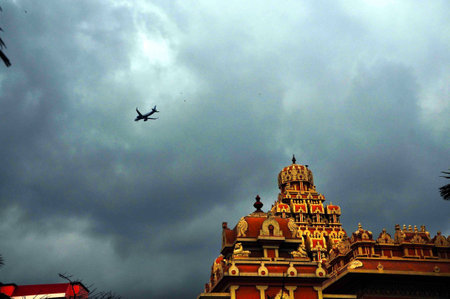 Dark clouds seen on an Indian temple.