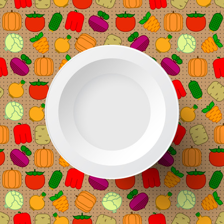 White empty plate on seamless patterned background with carrots, beets, tomatoes, cabbages, peppers, cucumbers, potatoes, onions and pumpkinsのイラスト素材