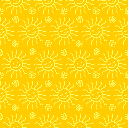 Seamless pattern with smiling suns and flowers