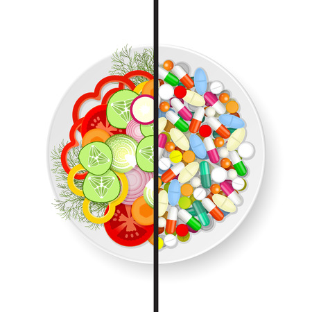 Half of plate with assorted fresh vegetables and half of plate with set of different tablets, pills and capsulesのイラスト素材
