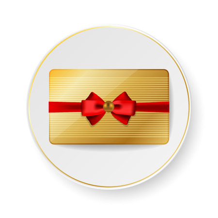 Golden gift bank card with red bow on white saucer with gold trimのイラスト素材