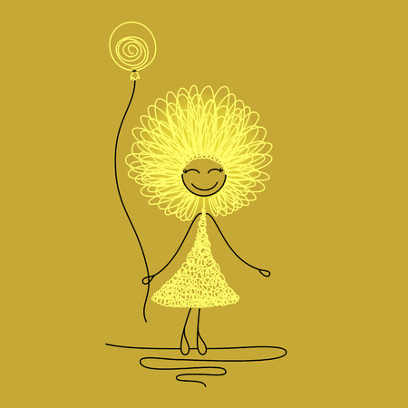Funny girl with fluffy hairs on a walk with balloon in her handのイラスト素材