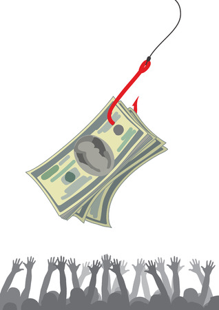 Dollars on fishing hook as bait for the crowd, which is pulling hands to the moneyのイラスト素材