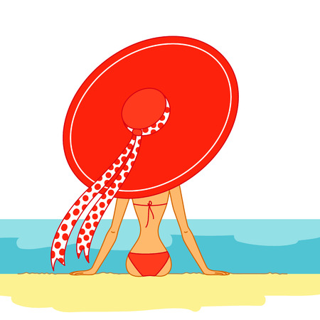 Girl in a big red hat and red swimsuit sitting on the beachのイラスト素材