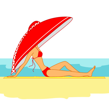 Woman in big red hat and red swimsuit is sitting on the beachのイラスト素材