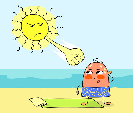 Caricatured man on the beach and sunstrokeのイラスト素材