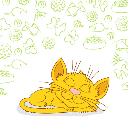 Ginger cat with blue-green eyes and pattern with balls, bows, toys and food aroundのイラスト素材