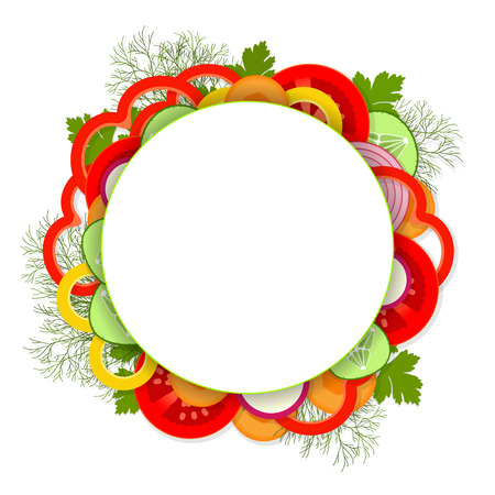 Sliced ââdelicious vegetables and greens on white background with round place for text in centerのイラスト素材