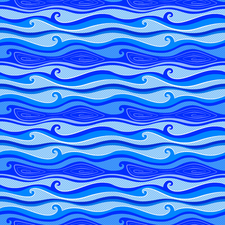 Seamless blue pattern with lines, waves, curls and other marine elementsのイラスト素材