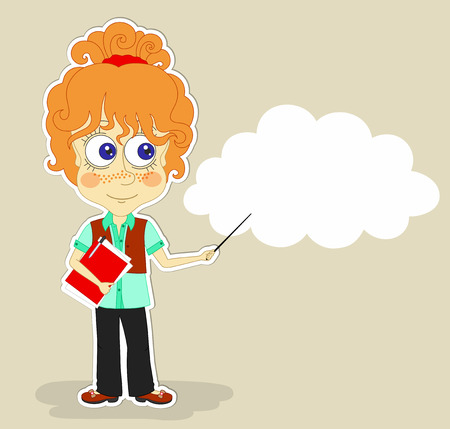 Funny red-haired girl is keeping in one hand red folder with documents and  pointer in another hand, and a cloud for textのイラスト素材
