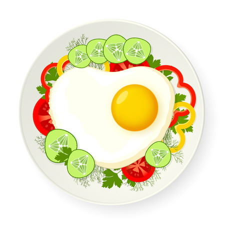 Heart-shaped scrambled egg and sliced ??fresh vegetables on white plateのイラスト素材