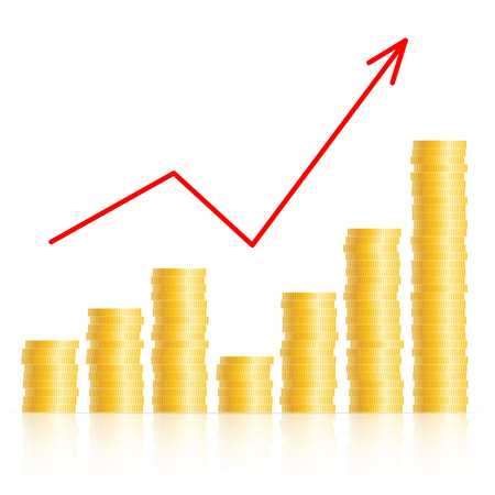 Diagram of positive dynamics with columns of gold coins, and red arrow upのイラスト素材