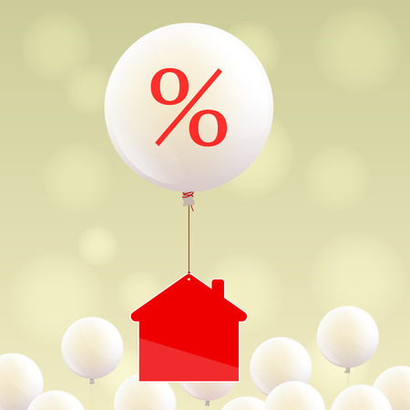 Red house icon is flying on white balloon with percent sign over little white balloonsのイラスト素材