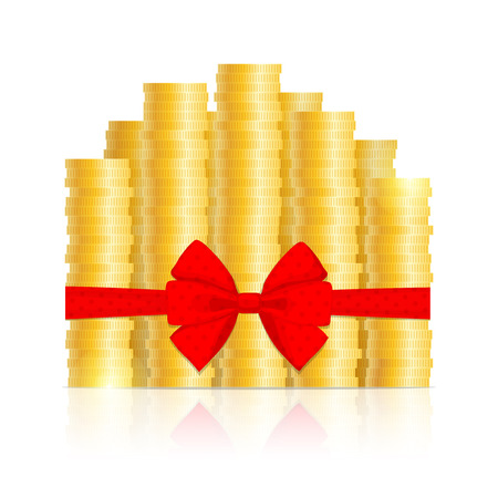 Columns of gold coins, knotted by ribbon with red bow, on white backgroundのイラスト素材