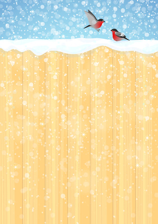 Winter background with wooden fence, bullfinches, blue sky and snowflakesのイラスト素材