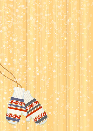 Winter background with wooden planks, snowflakes and patterned mittensのイラスト素材