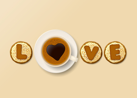 Cup of coffee with heart-shaped foam and cookies with pattern of letters form together the word loveのイラスト素材