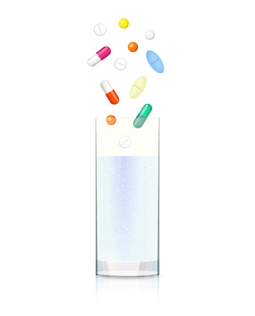 Glass with clear liquid and different pills and capsulesのイラスト素材