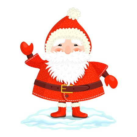 Funny Ded Moroz in red cap, coat, mittens and boots is waving his hand friendlyのイラスト素材